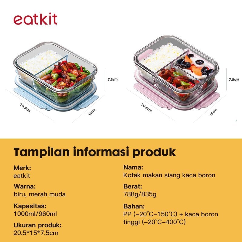 Eatkit Set Kotak Makan Siang Kaca 3 Sekat Tahan Panas 3in1 2