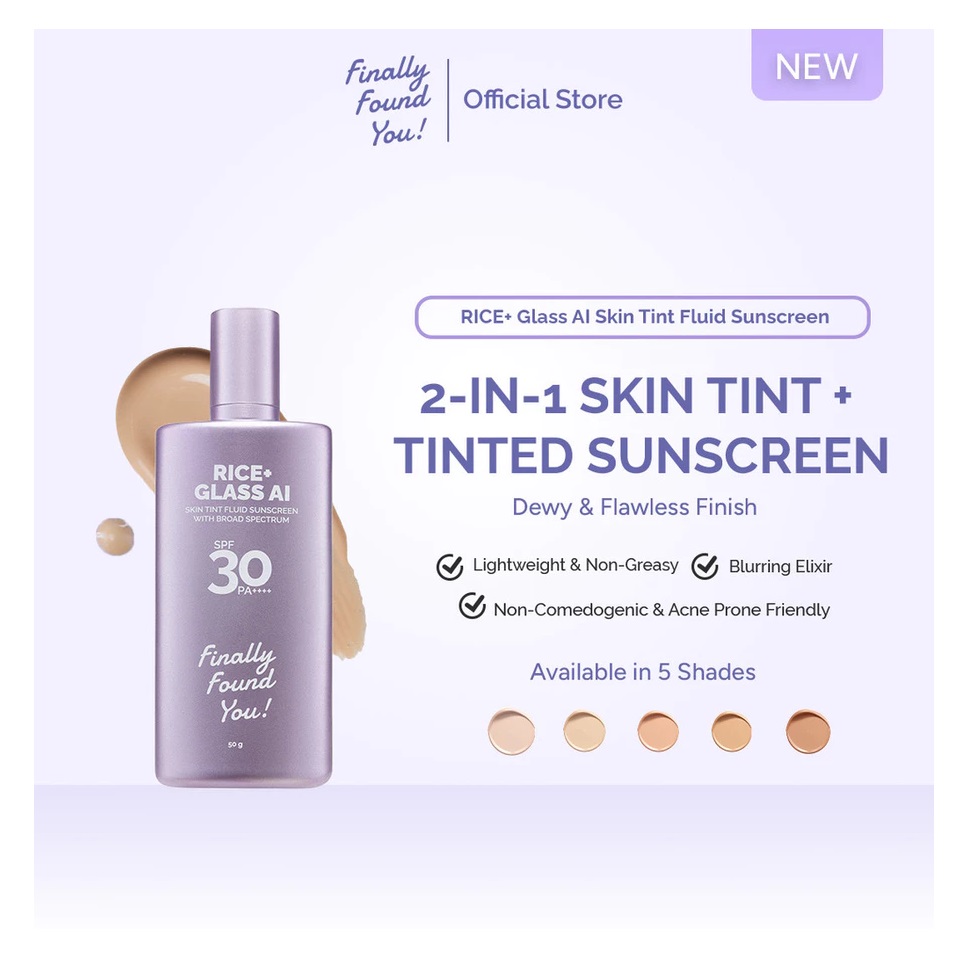 Karya Maharendra Innovation Finally Found You! RICE+ Glass AI Skin Tint Fluid Sunscreen with Broad Spectrum SPF 30 PA++++ AI-05 Deep Connection