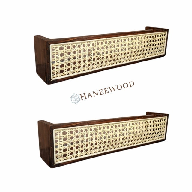 Haneewood Rak Majalah Aesthetic Kayu Jati Belanda Kombinasi Rotan Dekorasi Dinding
