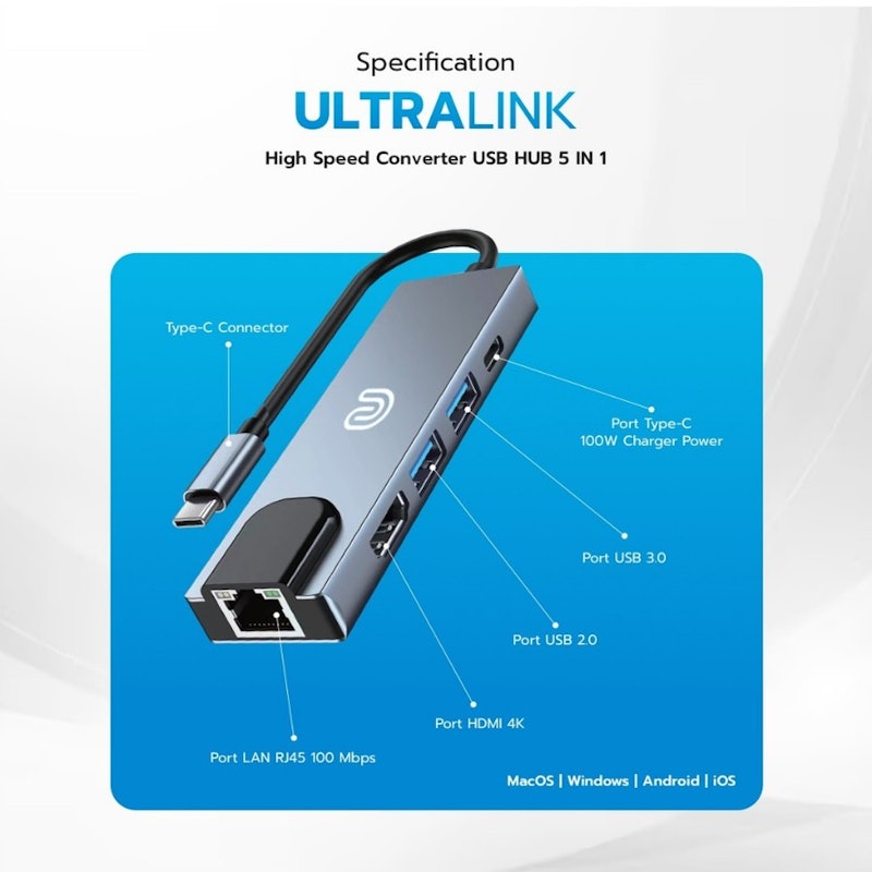 Unitech USB HUB Converter 5in1 Type C HUB 3.0 4K HDMI + LAN 2