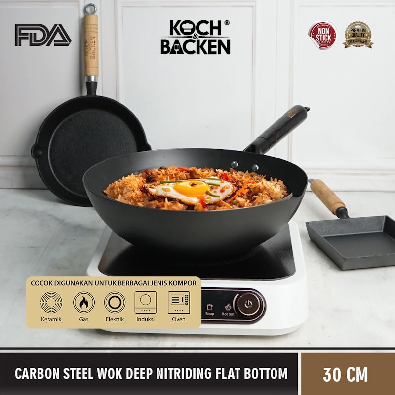 KOCH&BACKEN® Carbon Steel Wok Deep Nitriding Flat Bottom with Wooden Handle 30 cm