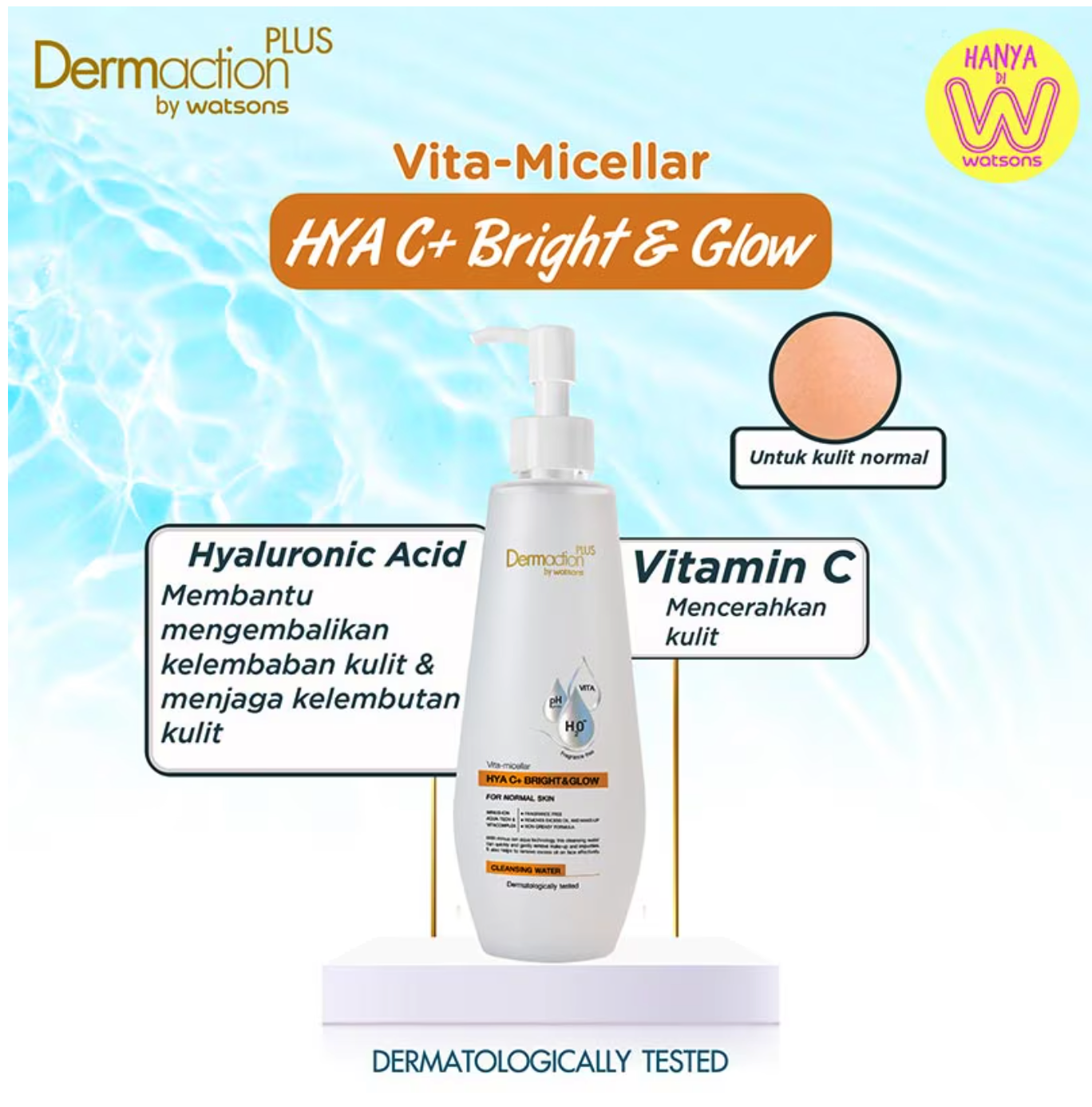 Duta Intidaya TBK Watsons Indonesia Dermaction Plus By Watsons Vita-Micellar Hya C+ Bright & Glow Cleansing Water
