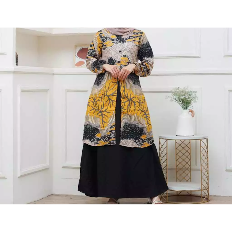 Batik Demeera Gamis Batik Motif Abstrak Kuning 2