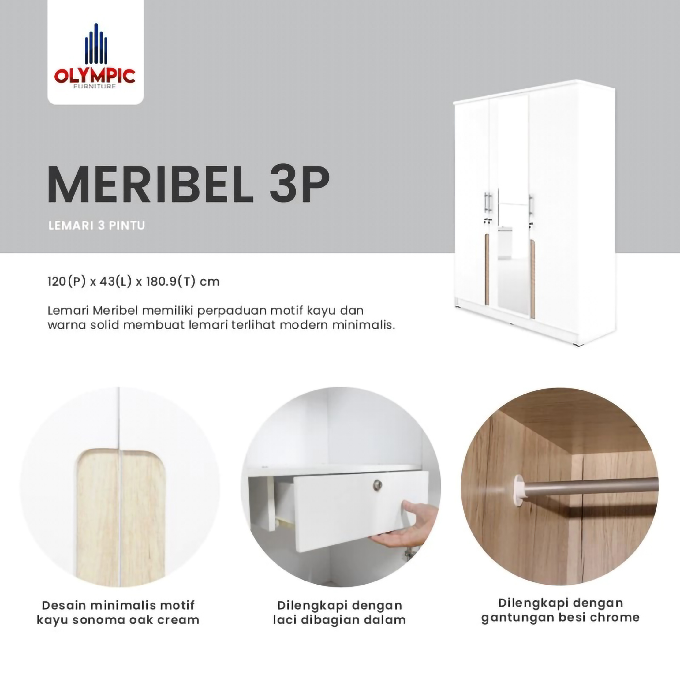 Cahaya Bintang Olympic Olympic Lemari Baju Tiga Pintu LP MERIBEL 3P