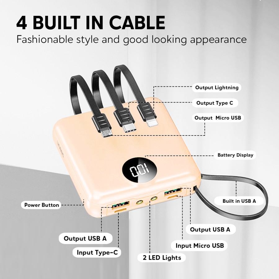 Uneed Indonesia UNEED Powerbank 10000mAh Built in Cable Fast Charging 2.1A UPB234