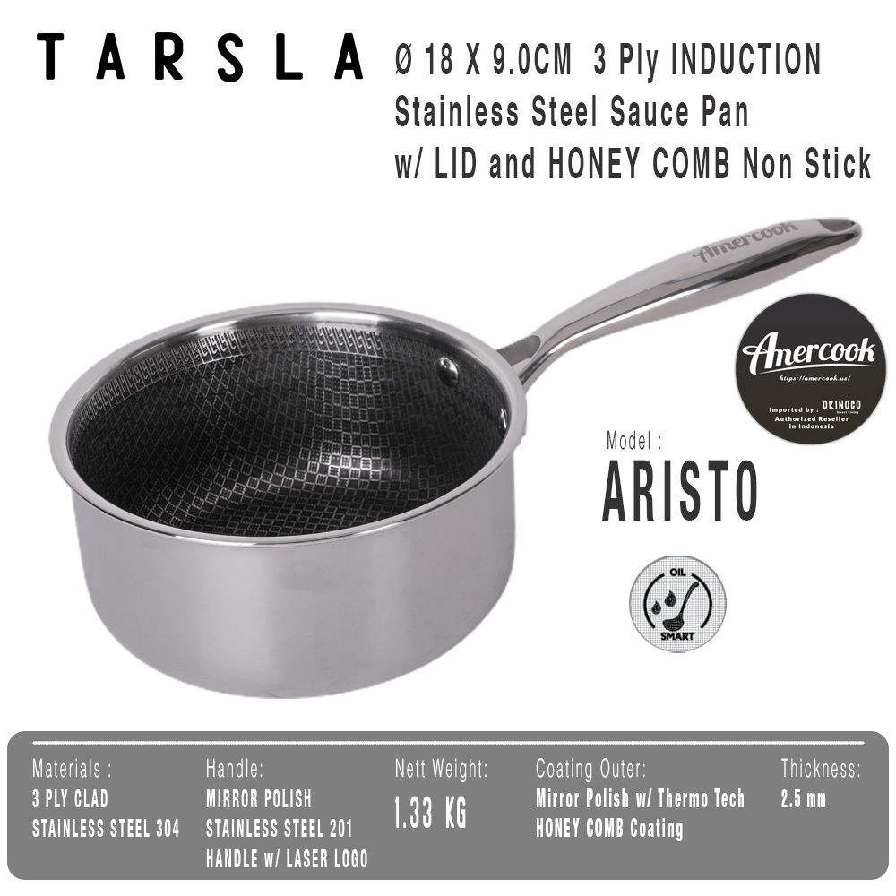 Amercook Sauce Pan Stainless Steel Lid Honey Comb Non-Stick 3-Ply Induction B130SS-0418B