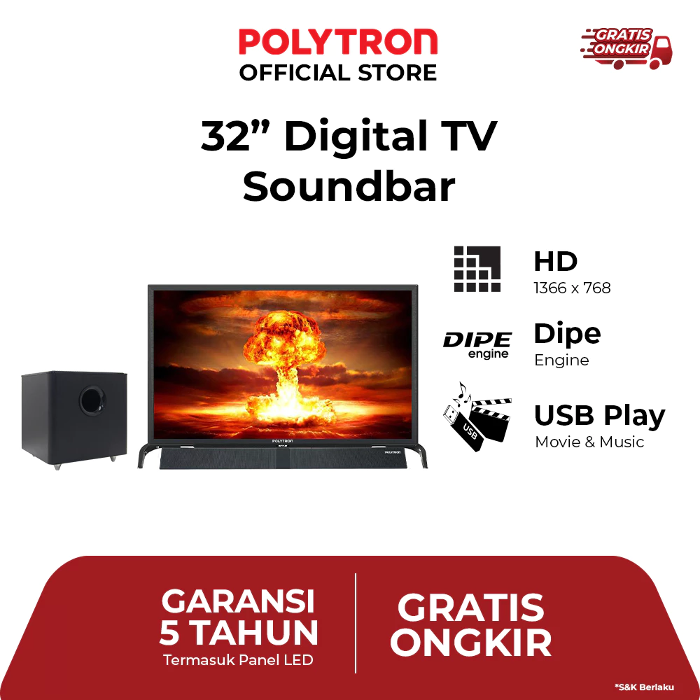 Hartono Istana Teknologi Polytron 32" Cinemax Digital TV Soundbar PLD 32BV1558