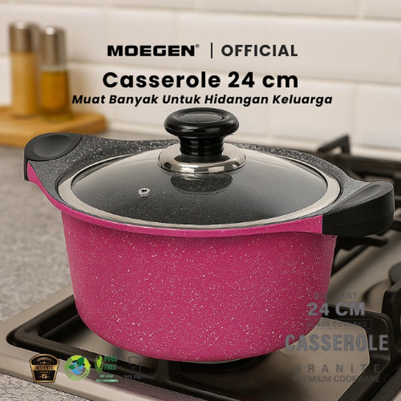 MOEGEN Casserole Stock Pot 24 Cm Granite Series + Glass Cover 5