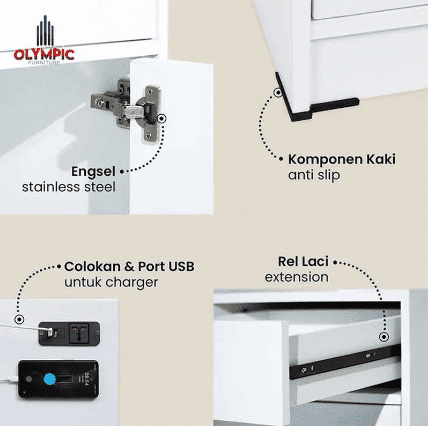 Olympic - Meja Tulis - Meja Kerja - Meja Belajar Modern Minimalis - Smart Table USB