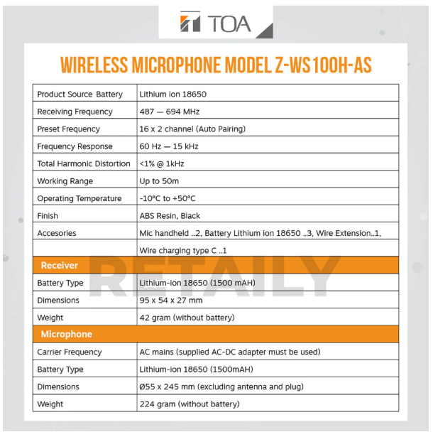 TOA Galva Prima Karya TOA Wireless Microphone Z-WS100H