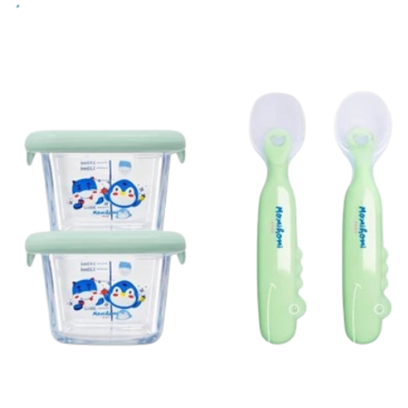 Momi Homi Bundle MPASI Bayi 2 Food Container Kaca + Set Sendok Silikon 1