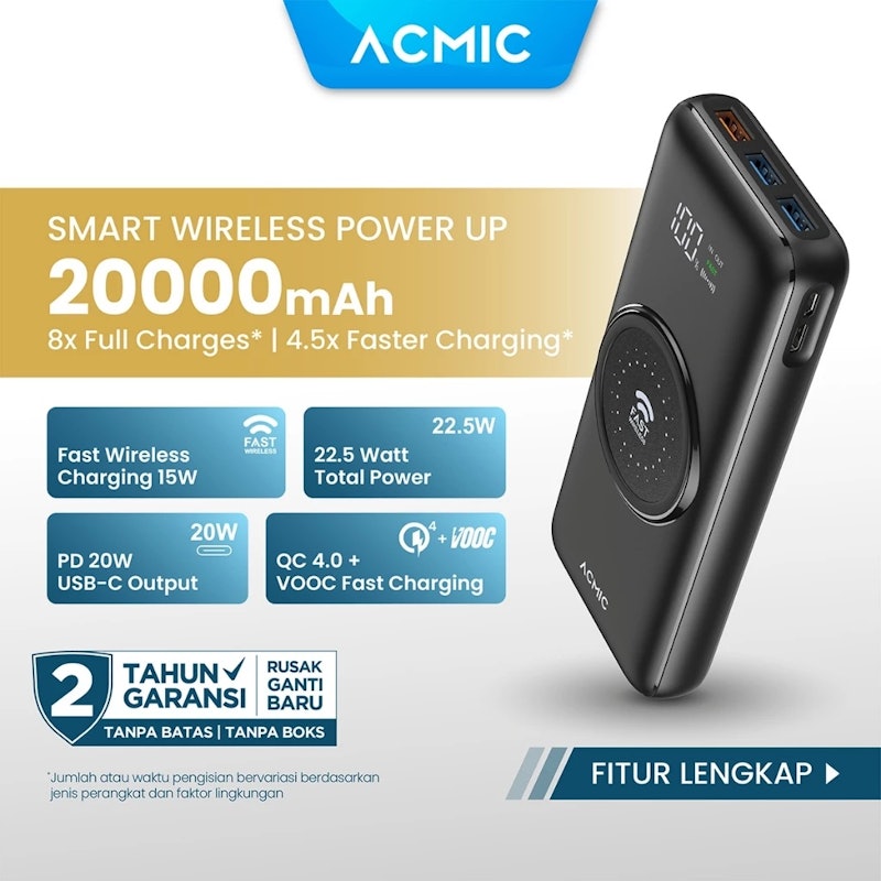 ACMIC 20000mAh Powerbank Wireless 22.5W Fast Charging Type C 5