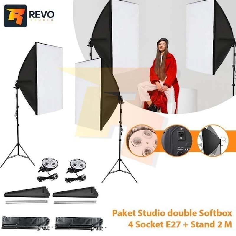 Paket Double Softbox 4 Socket E27 + Light Stand 2M + Extra Bag 4