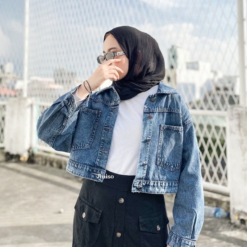 Jaket Crop Jeans Oversize Pocket Blue Acid 3