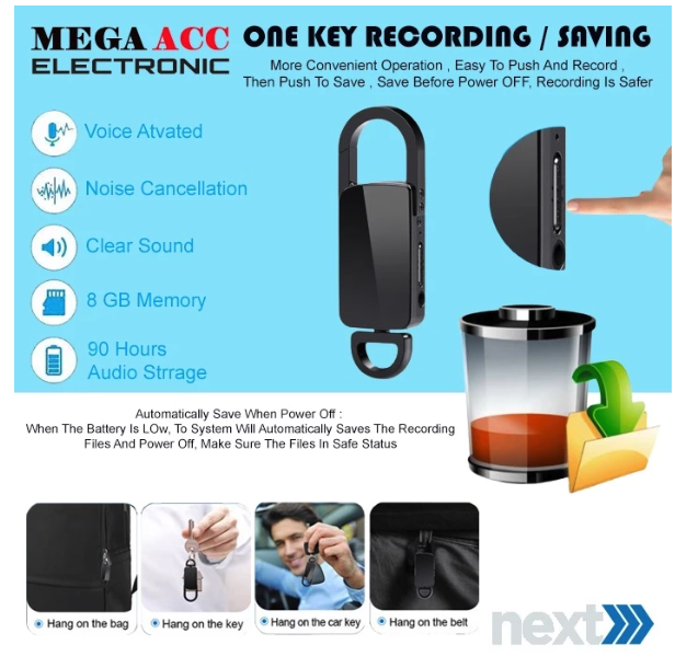  Voice Recorder Mini Keychain 8GB + Mp3 Player 