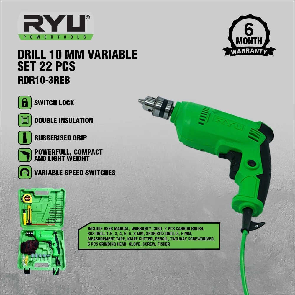 Ryu Powertools RYU Drill 10 Mm Variable Set 22 Pcs RDR10-3REB