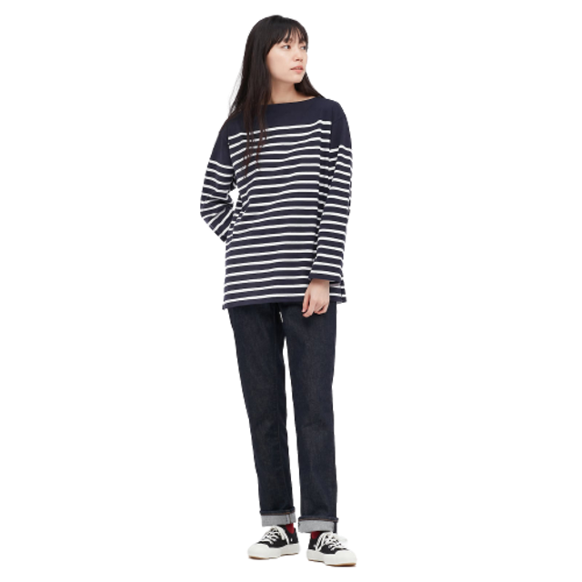 Women T-Shirt Garis Oversized Lengan Panjang 4