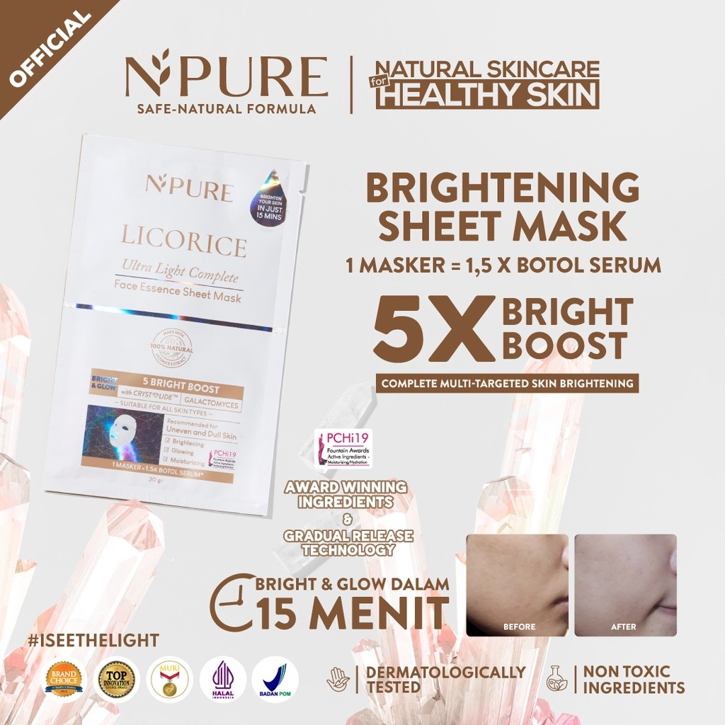 Penta Natural Kosmetindo N'PURE Licorice Ultra Light Complete Face Essence Sheet Mask