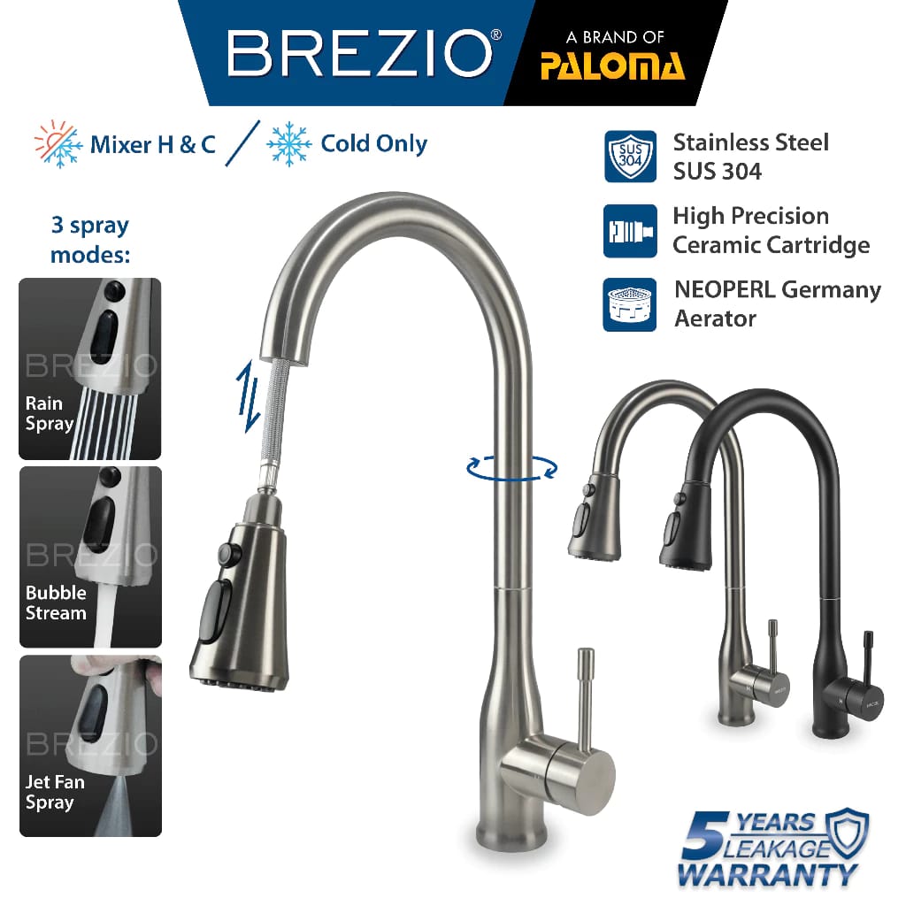 Paloma Hardware Brezio Sink Mixer with Pull-Out Spray Head 3-Mode FCBZ 8152