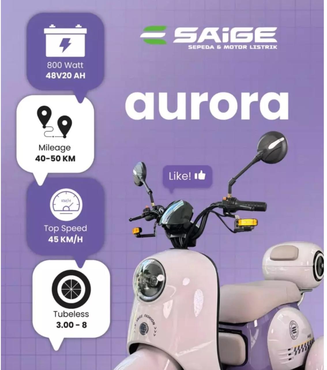 SAIGE Electric Vehicle Technology SAIGE Sepeda Listrik Roda Tiga Aurora