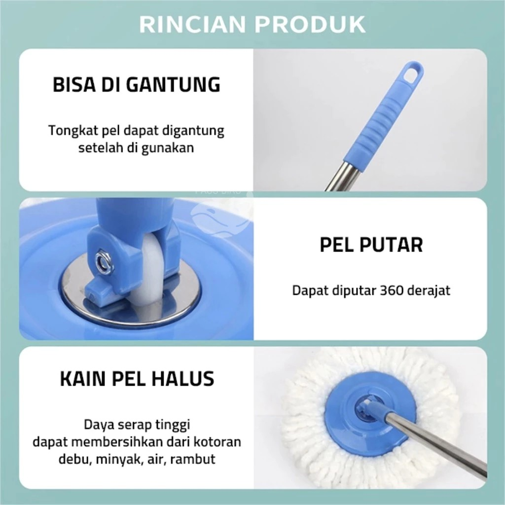 Paus Biru Internasional  Paus Biru Alat Pel Lantai Stainless 2 in 1 dengan Ember
