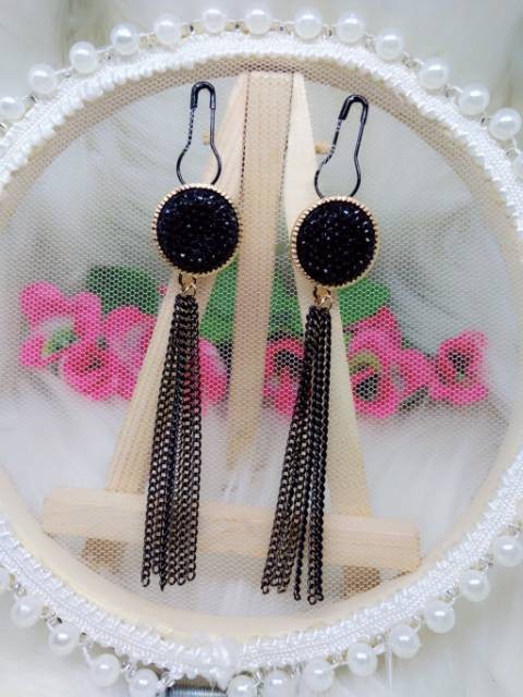  Anting Hijab Juntai Gold Diamond Full Hitam  A56