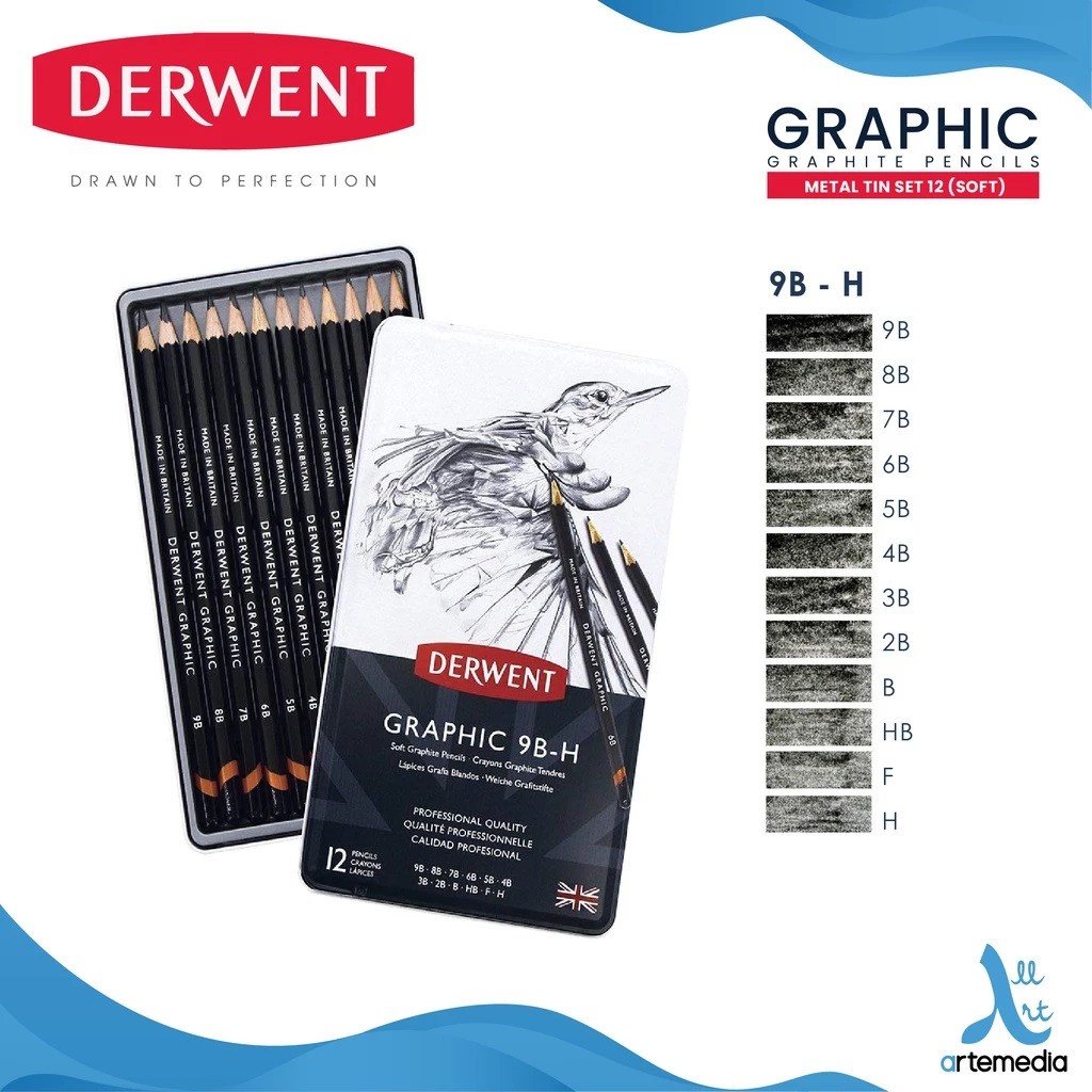 Derwent Graphic Soft Pencils 12 Tin (9B-H) 2