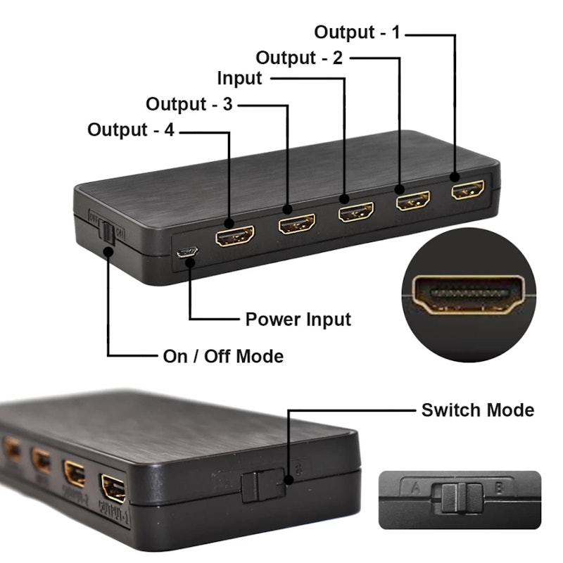 HDMI Splitter 1 input 4 output Video HD 4K HDR 2.0 2
