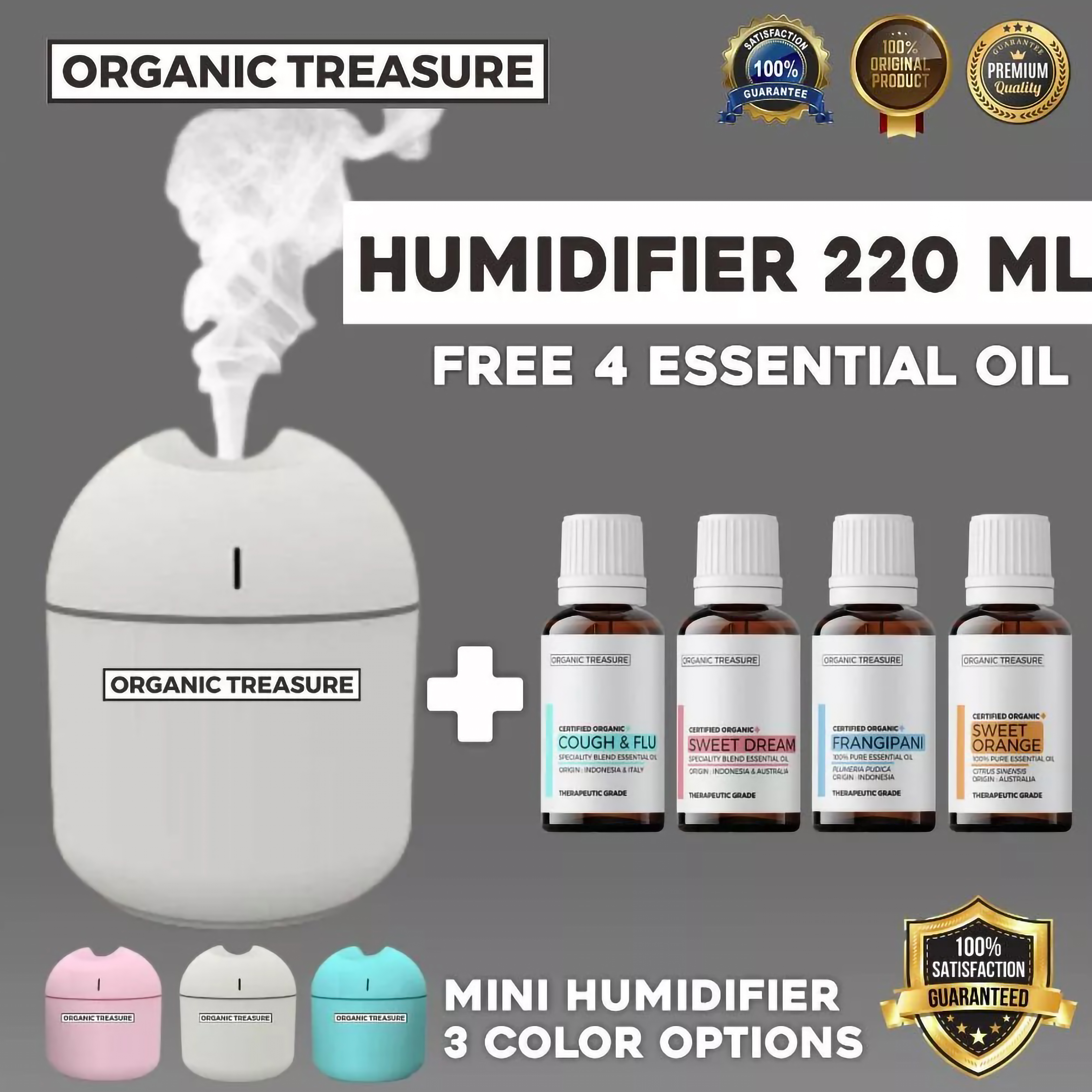  Organic Treasure Paket Mini Humidifier 220 ml + 4 Essential Oil 