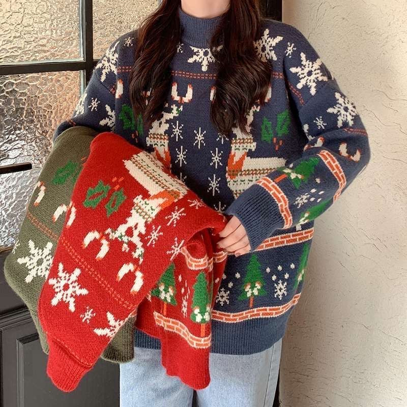 KOUYOO Crew Neck Oversize Christmas Sweater Rusa & Pohon Natal