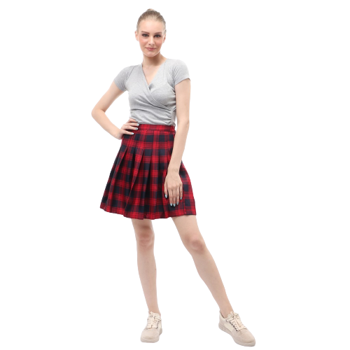 Rok Midi Wanita Motif Tartan Rubbery Waist Design Simple - Red