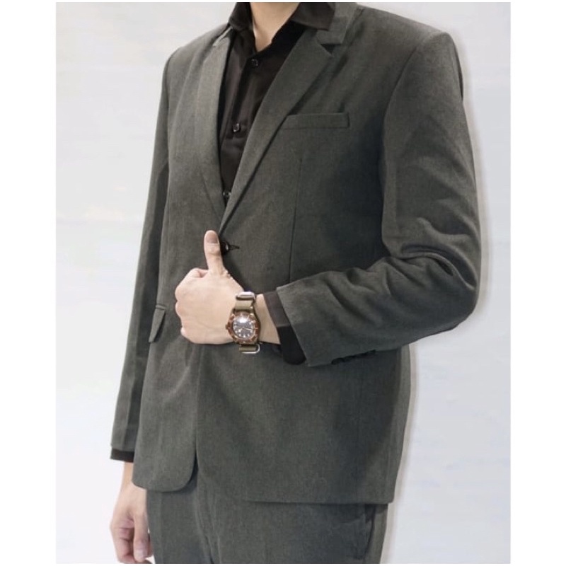 Jas Kancing Dua Wool Touch Abu Muda Slimfit