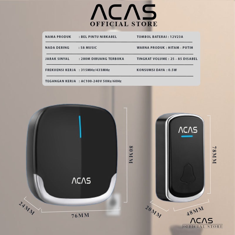  ACAS Wireless Doorbell (1 Button 2 Receiver) A909
