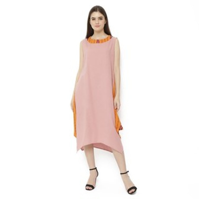 Gesyal Maxi Long Dress Asimetris Linen Pink Kelereng List Tenun