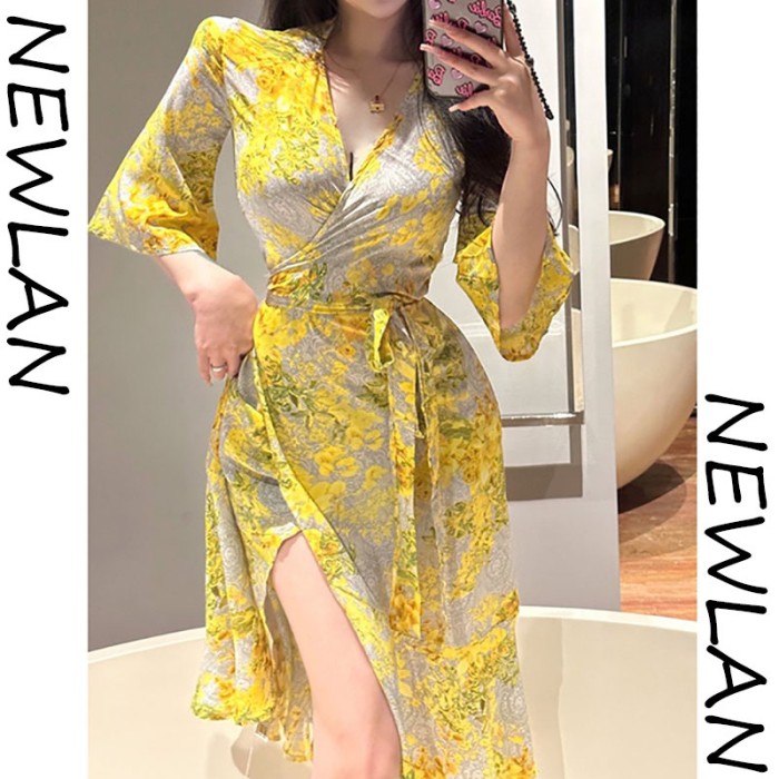 Newlan Newlan Yellow Flower Kimono QZ087 