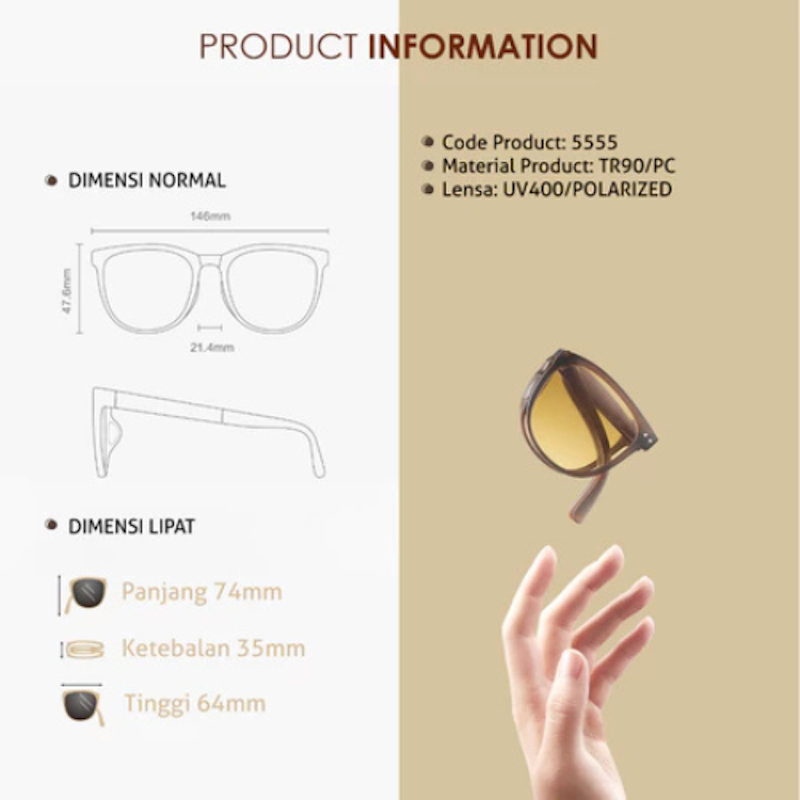 Colore.in Kacamata Hitam Lipat Sunglasses Foldable Anti UV Crystal Brown 4