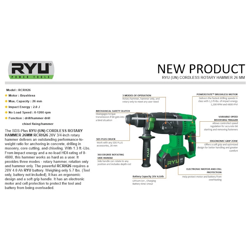 RYU Cordless Rotary Hammer 4