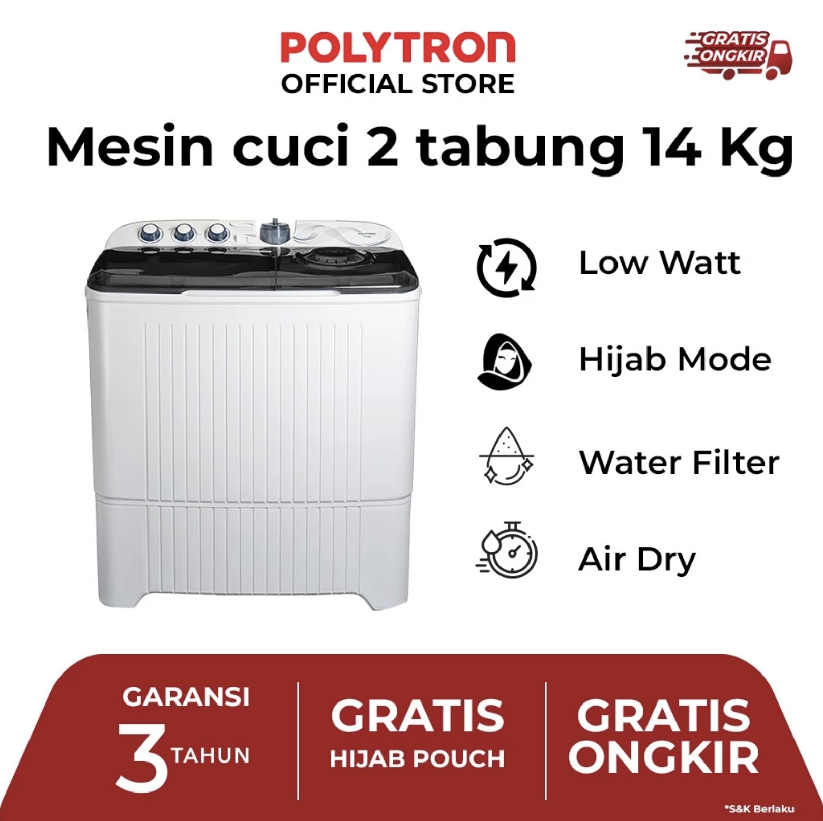 Hartono Istana Teknologi Polytron Mesin Cuci Primadona Giant 2 Tabung 14 kg PWM 1403X