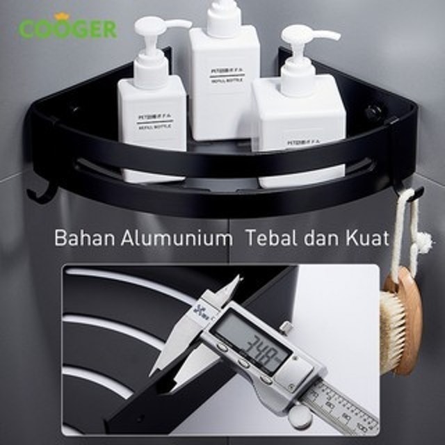 COOGER Rak Kamar Mandi Sudut Aluminium 1 Susun Tempel Dinding