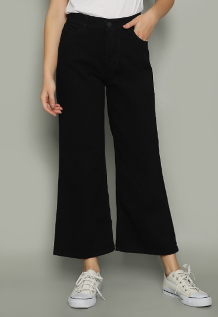 Clover Celana Boyfriend Highwaist Elastic Jeans Wanita Kulot Black