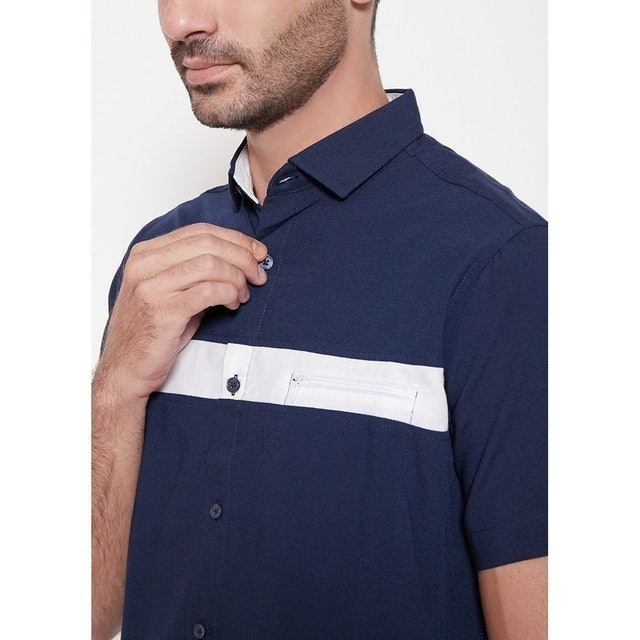 Kemeja Pria Basic Combination Oxford Pendek Warna Navy 4