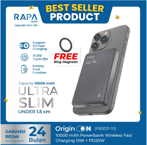 Satu Bisnis Indonesia RAPAtech Origin On Powerbank Ultra Slim Wireless 15W + PD20W PB3031
