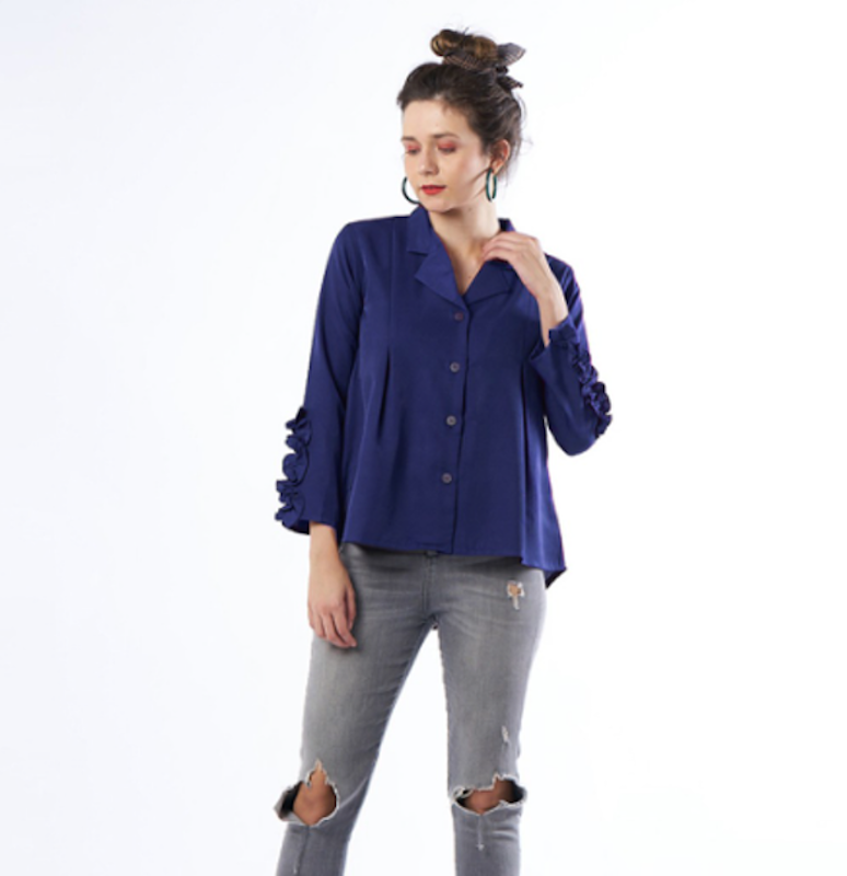 Throne Kemeja Wanita V Neck Casual Shirt Lengan Panjang Polos Navy 2