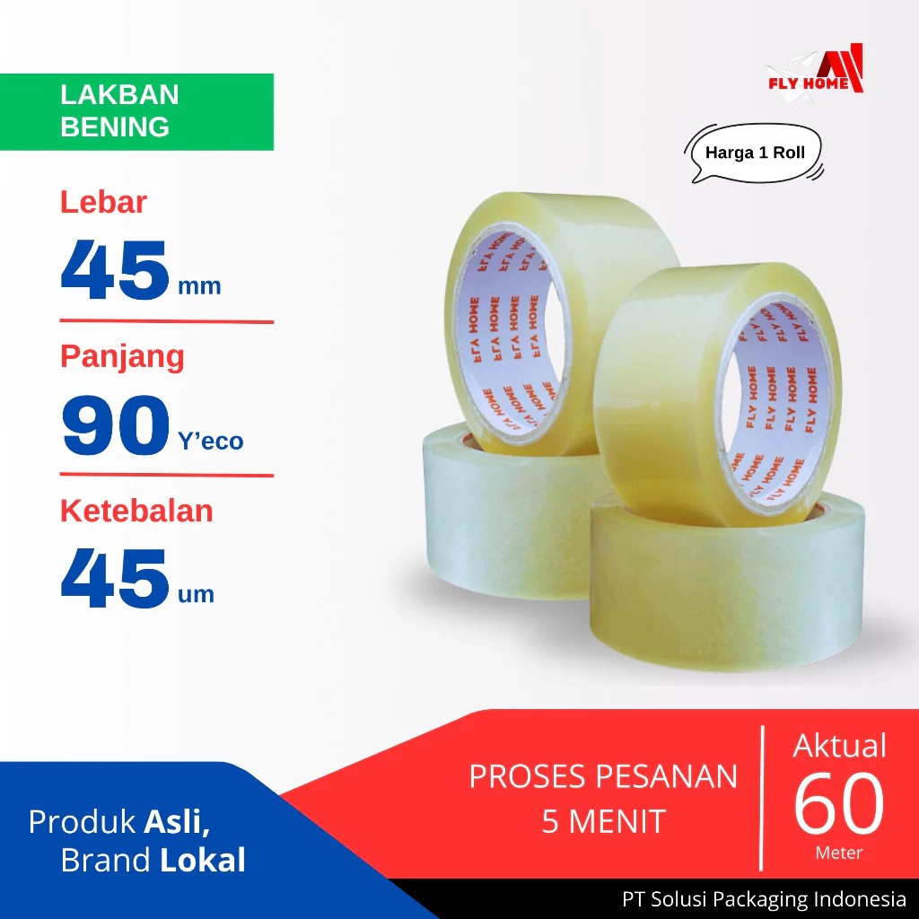 Solusi Packaging Indonesia Fly Home Lakban Bening 45 mm x 90 yard