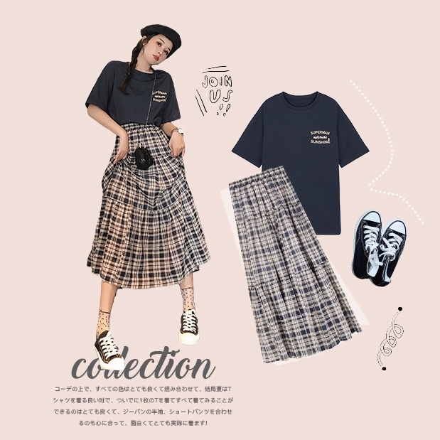 Rok Kotak-Kotak Highwaist Plisket Korean Style