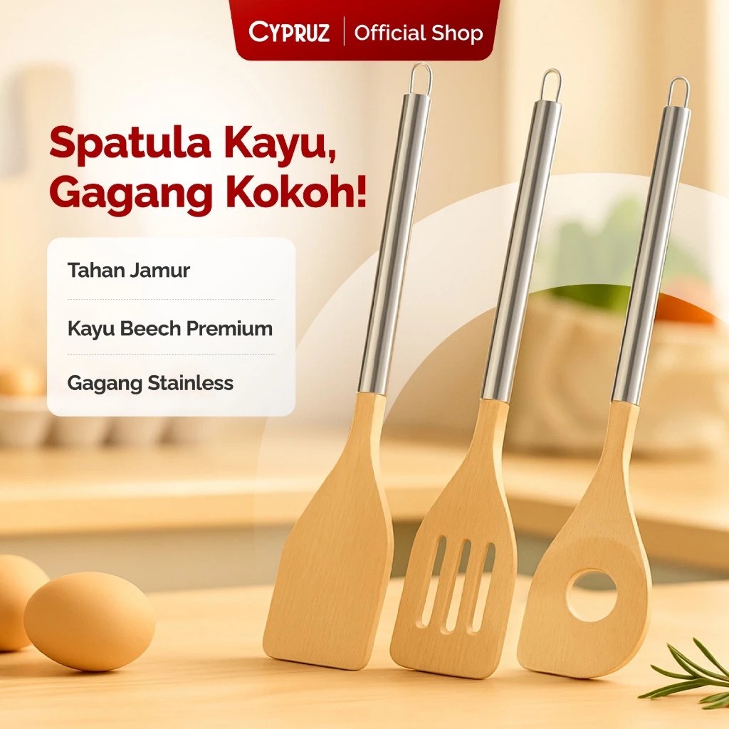 CYPRUZ Kitchenware CYPRUZ Spatula Kayu Beech Wood Slotted Turner Series