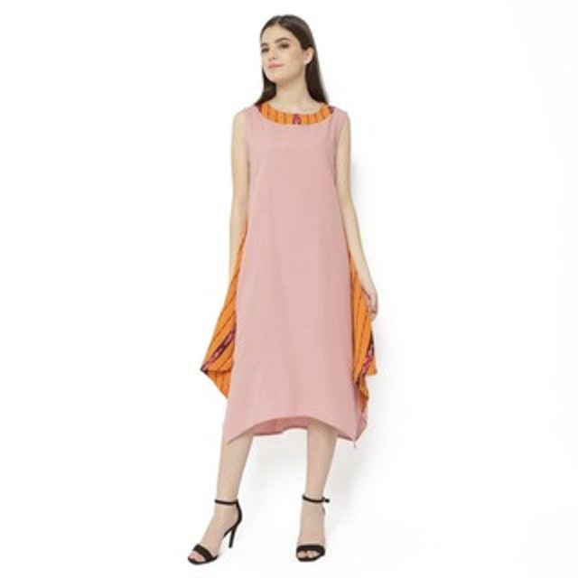 Maxi Long Dress Asimetris Linen Pink Kelereng List Tenun