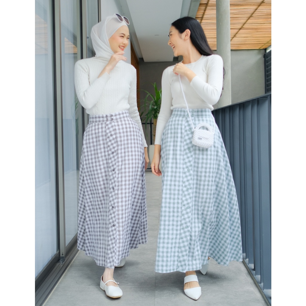 Zizava SKirt - Rok Flare Kancing Motif Gingham Kotak