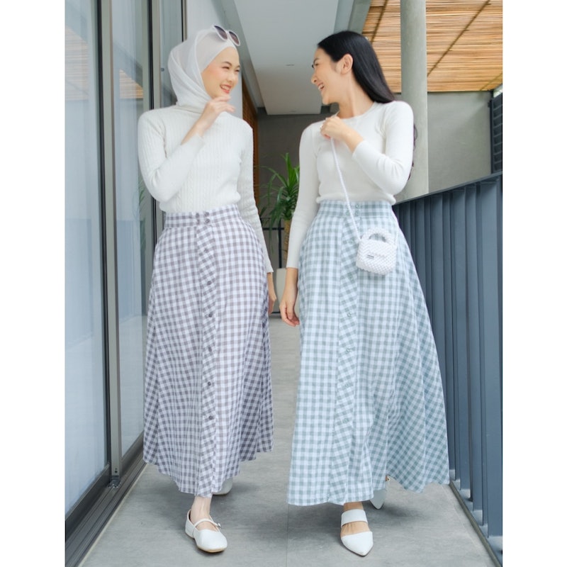 Zizava SKirt - Rok Flare Kancing Motif Gingham Kotak 2