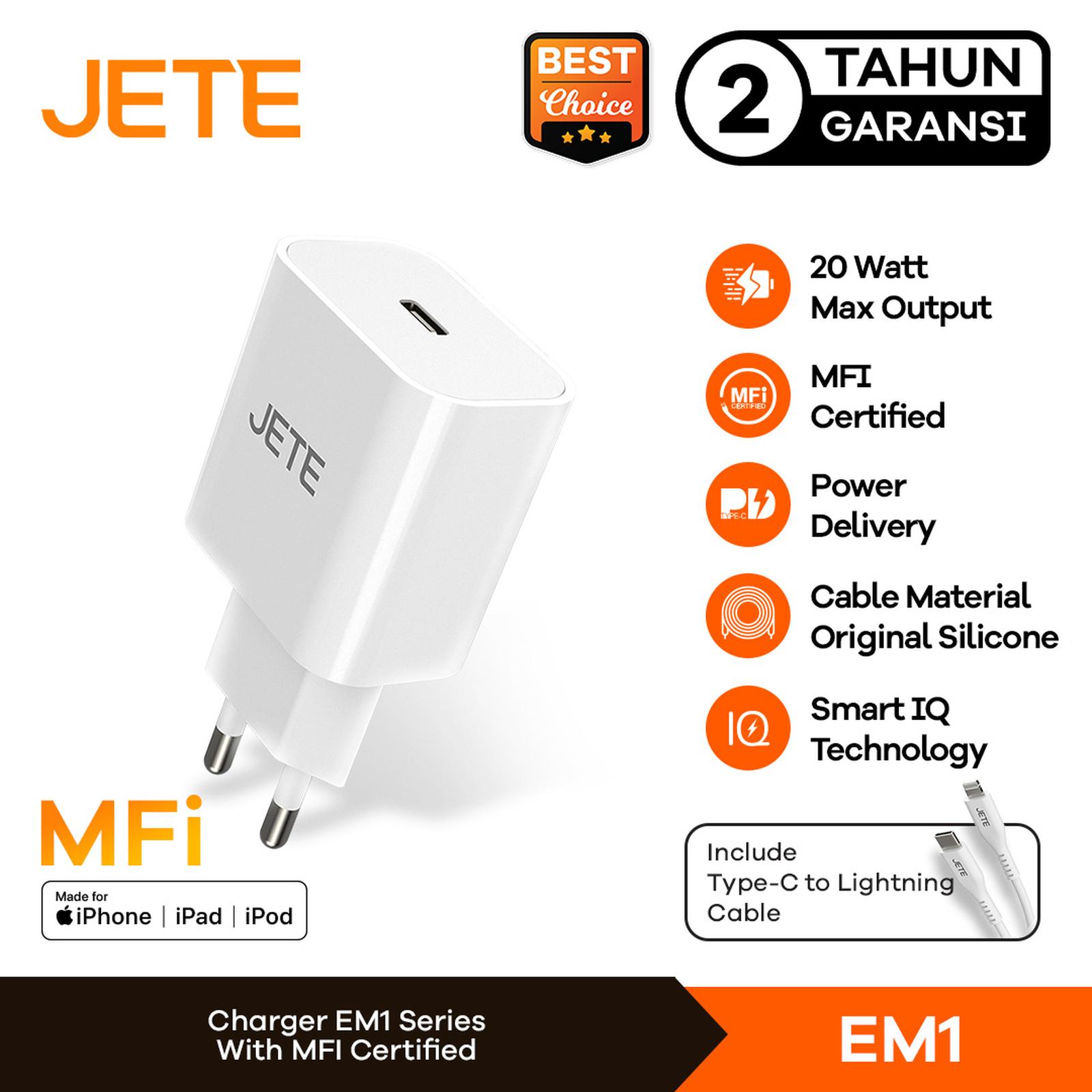 Doran Sukses Indonesia JETE Adaptor MFI Fast Charging 20W + Kabel USB Type C to Lightning EM1